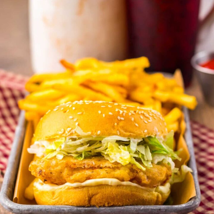 Crispy McChicken sandwich served with fries on a tray.