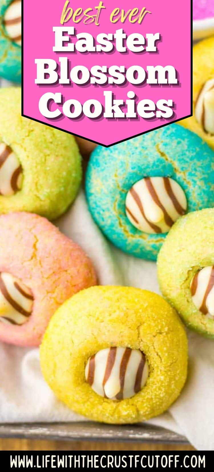 Easter blossom cookies rolled in pastel sugar and topped with chocolate kisses