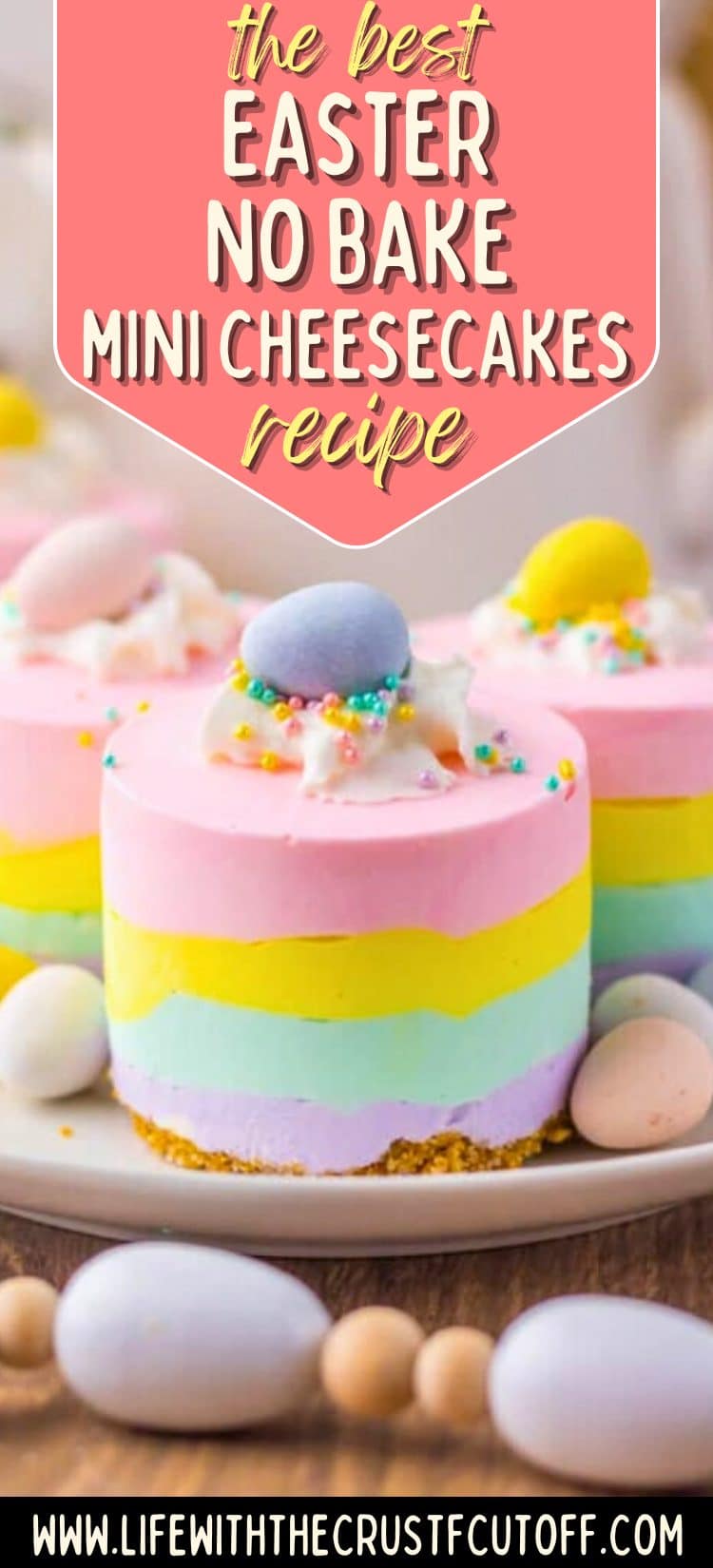 Easter no bake mini cheesecakes with pastel layers and whipped topping