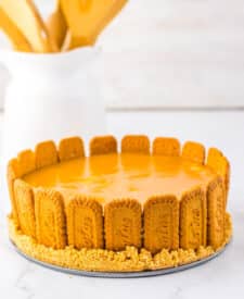 Biscoff cookie crust pressed into a springform pan for cheesecake.