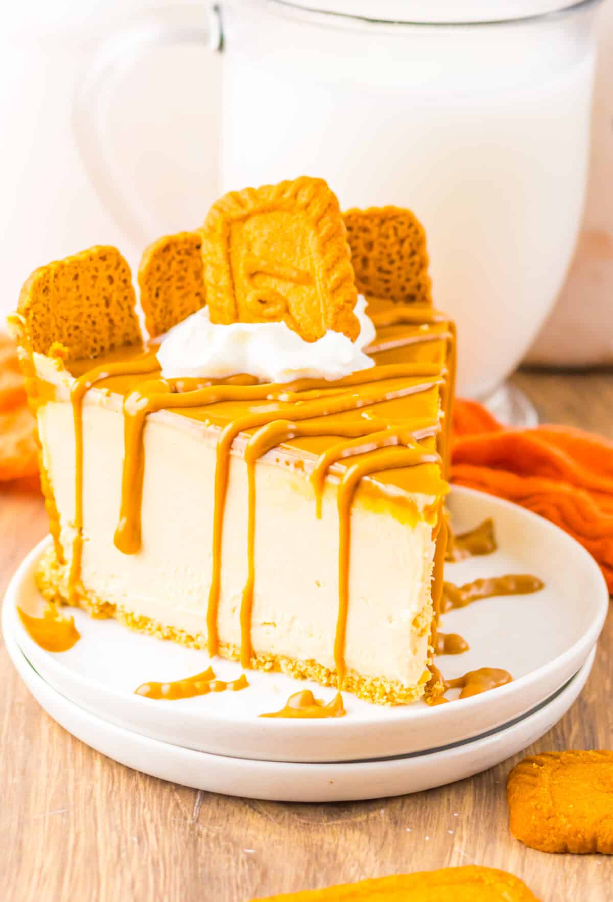 No bake cheesecake slice with cookie butter drizzle and whipped topping.