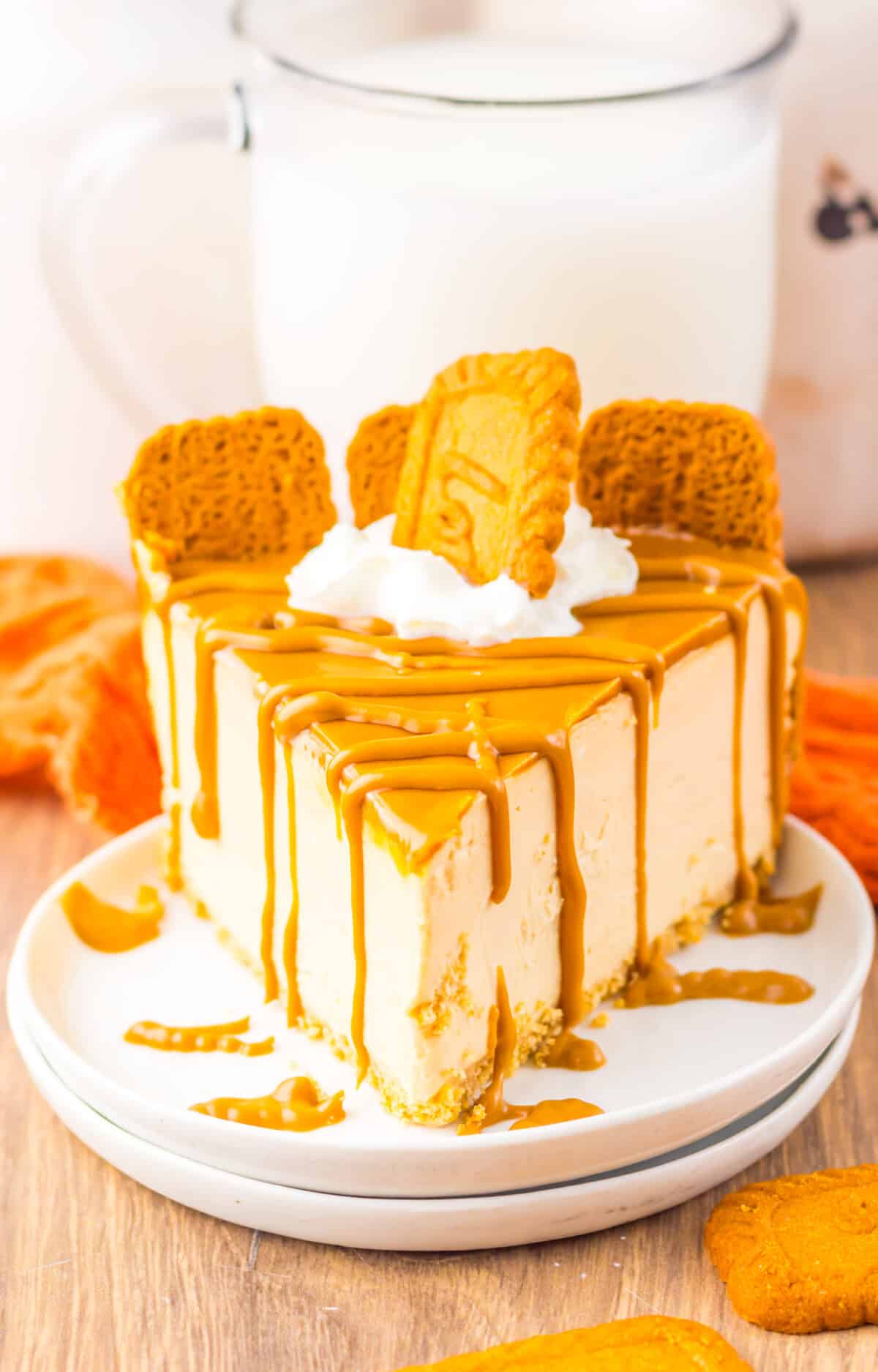 Close-up of cookie butter cheesecake slice with Biscoff cookies on top.