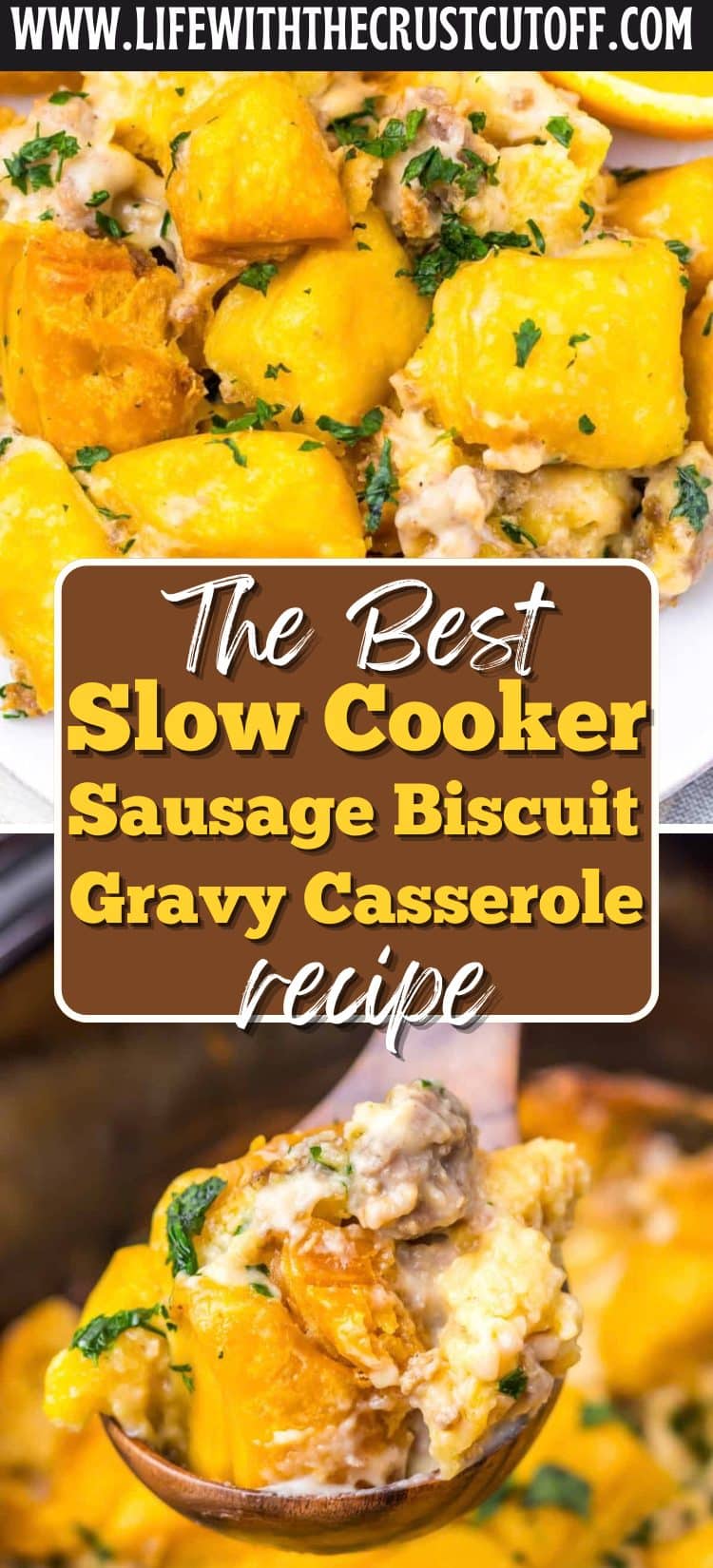 Slow cooker sausage biscuit gravy casserole with biscuits, sausage gravy, eggs, and cheese