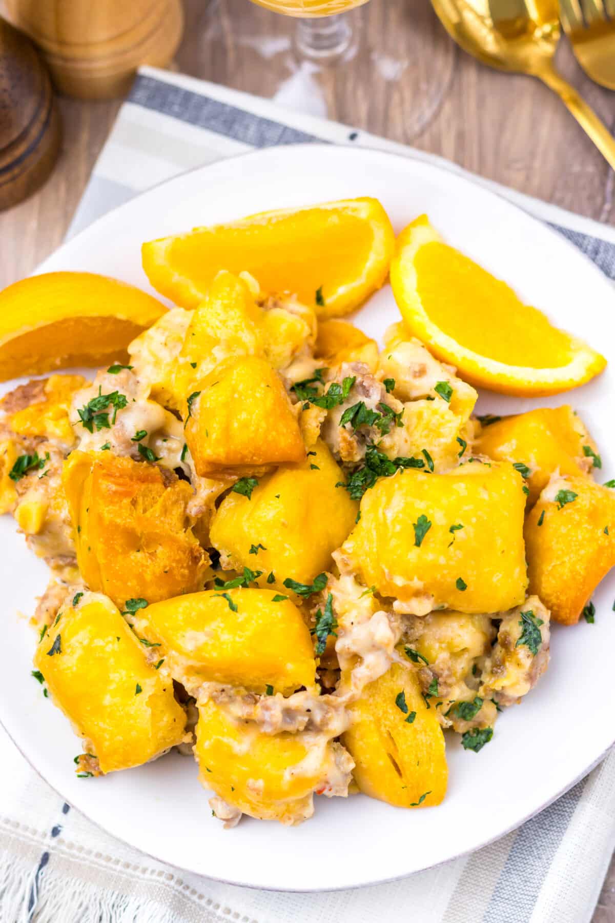 Slow cooker breakfast casserole served on a plate.