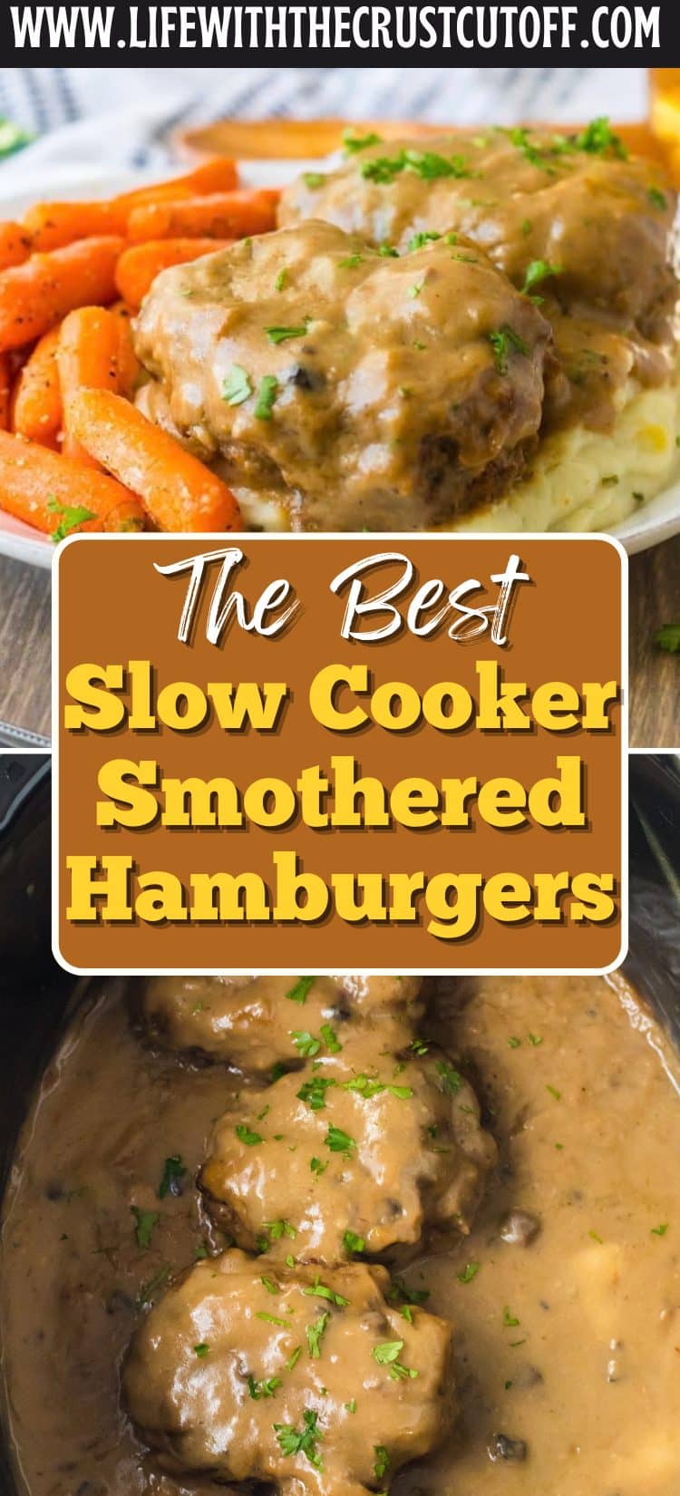 Slow cooker smothered hamburgers with gravy served over mashed potatoes