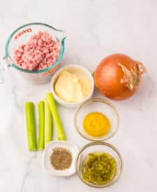 Ham salad ingredients arranged on the counter before mixing.