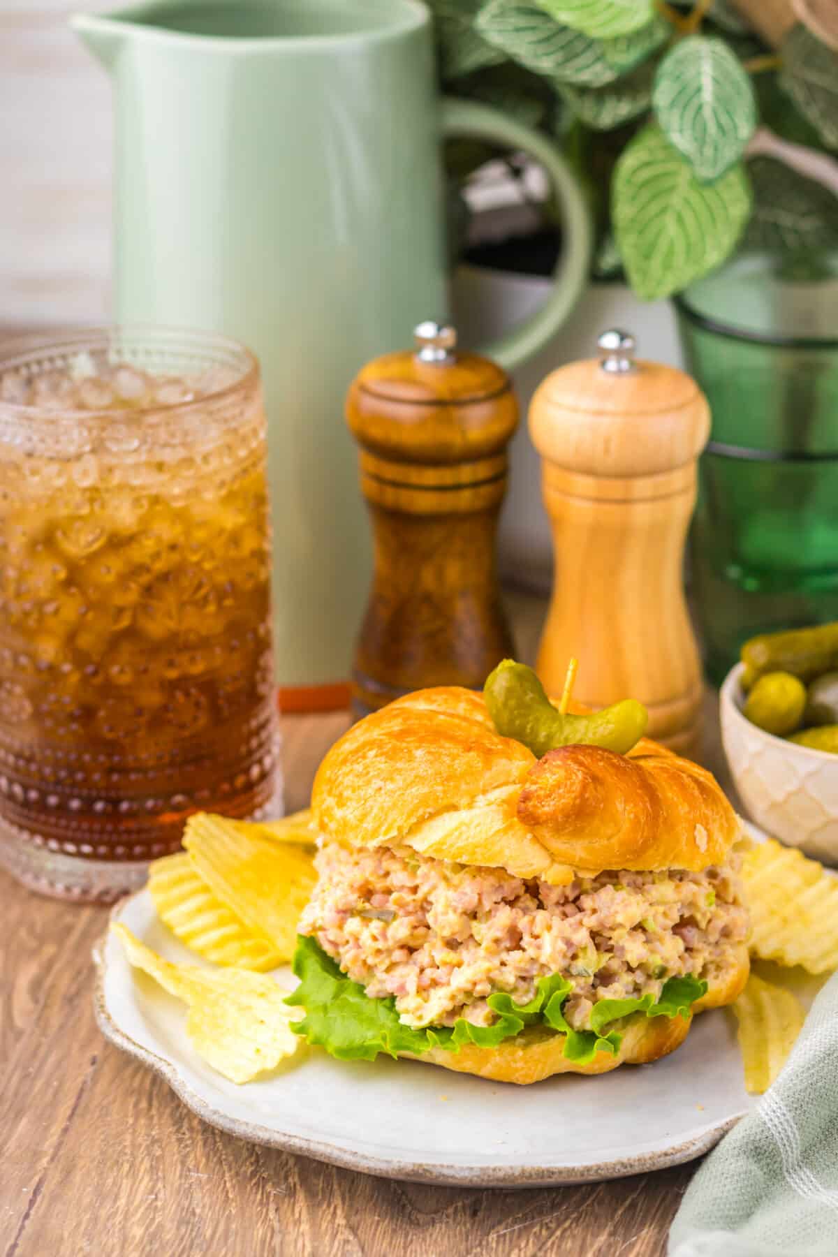 Old fashioned ham salad served on a bun with lettuce.