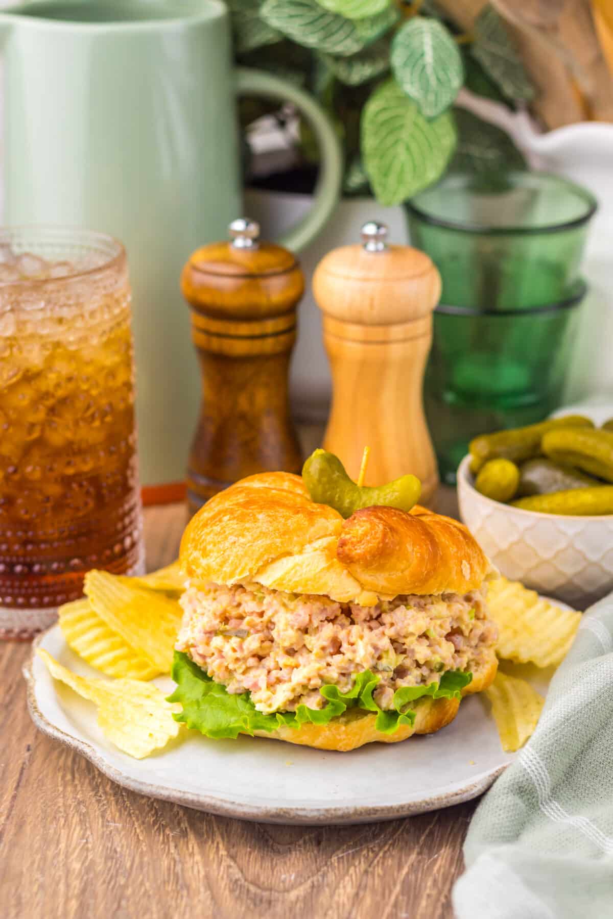 Ham salad sandwich served with chips and pickles.
