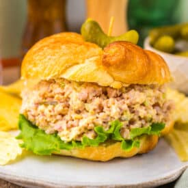 Close-up of creamy ham salad sandwich filling.