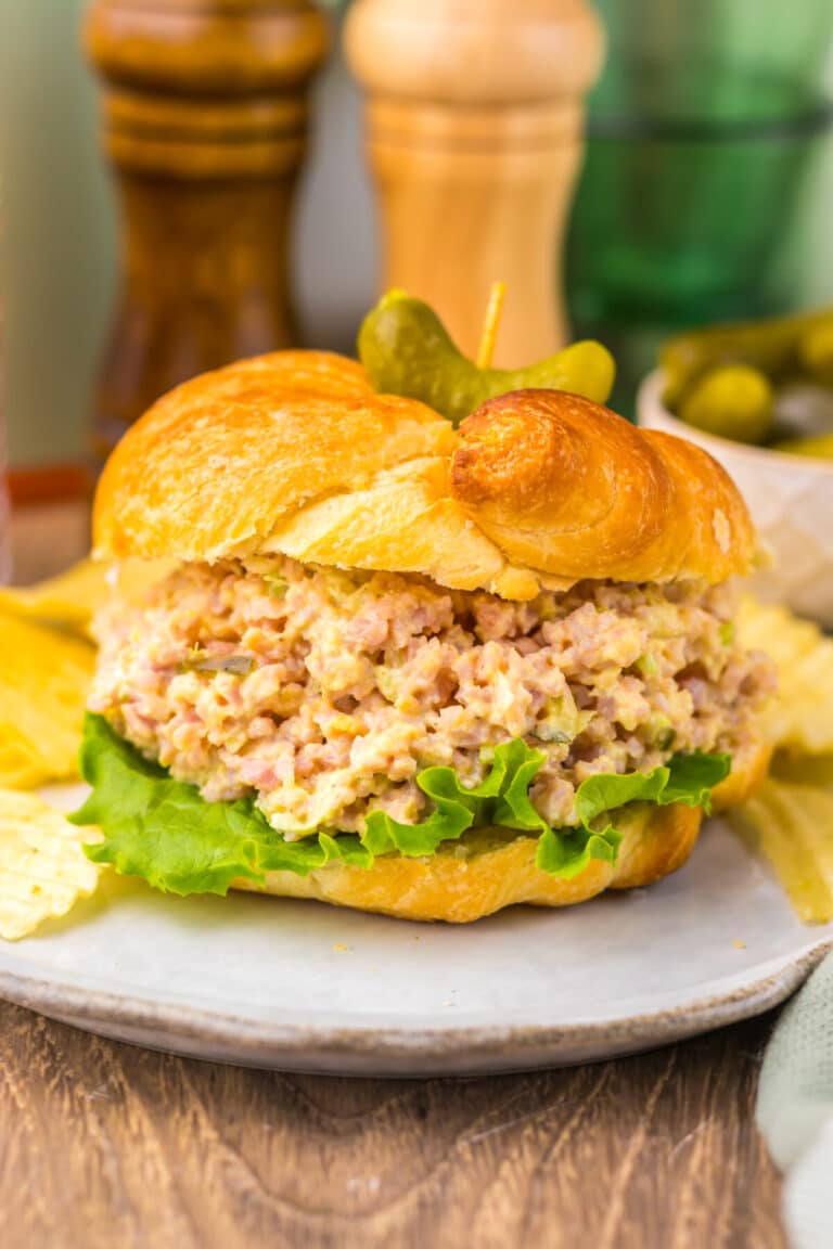 Close-up of creamy ham salad sandwich filling.