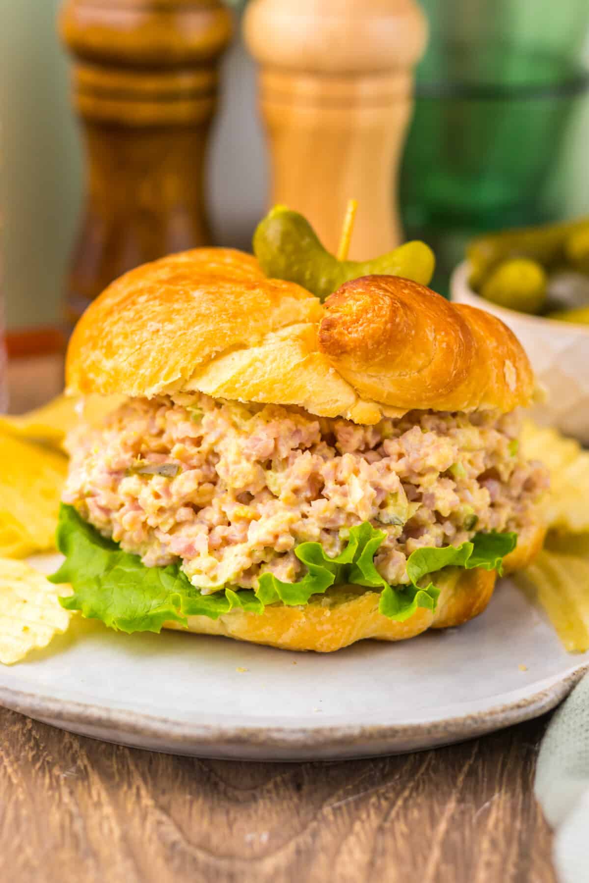 Close-up of creamy ham salad sandwich filling.