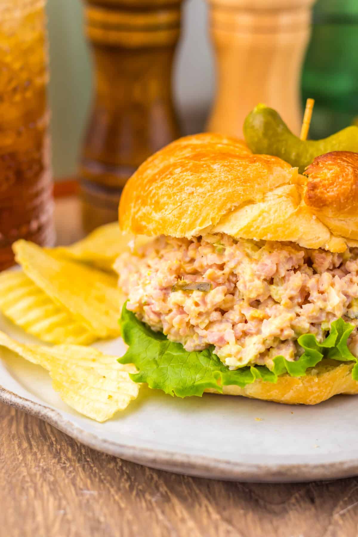 Old fashioned ham salad piled on bread for serving.