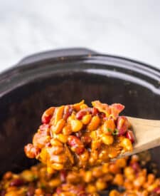 Slow cooker Dr Pepper baked beans thick and fully cooked.