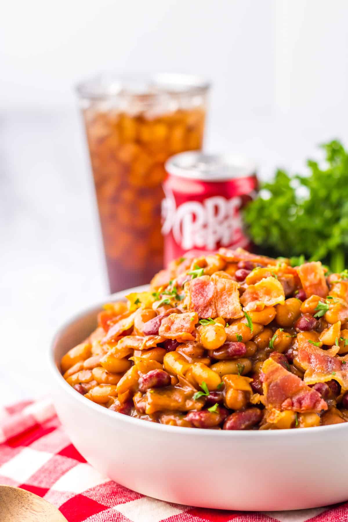 Slow cooker Dr Pepper baked beans thick and fully cooked.