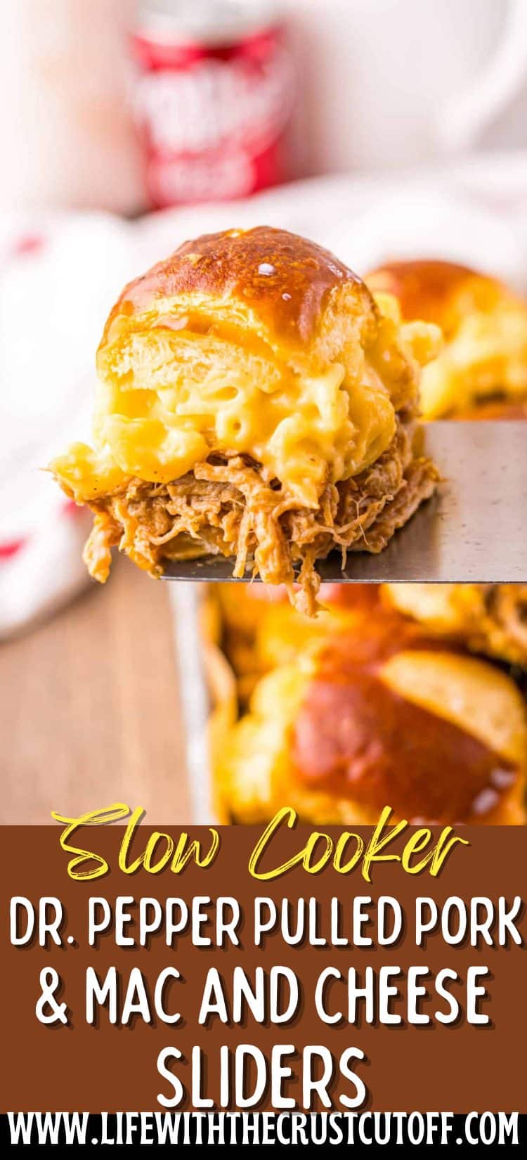 slow cooker Dr Pepper pulled pork mac and cheese sliders with tender pork and cheesy pasta on soft buns