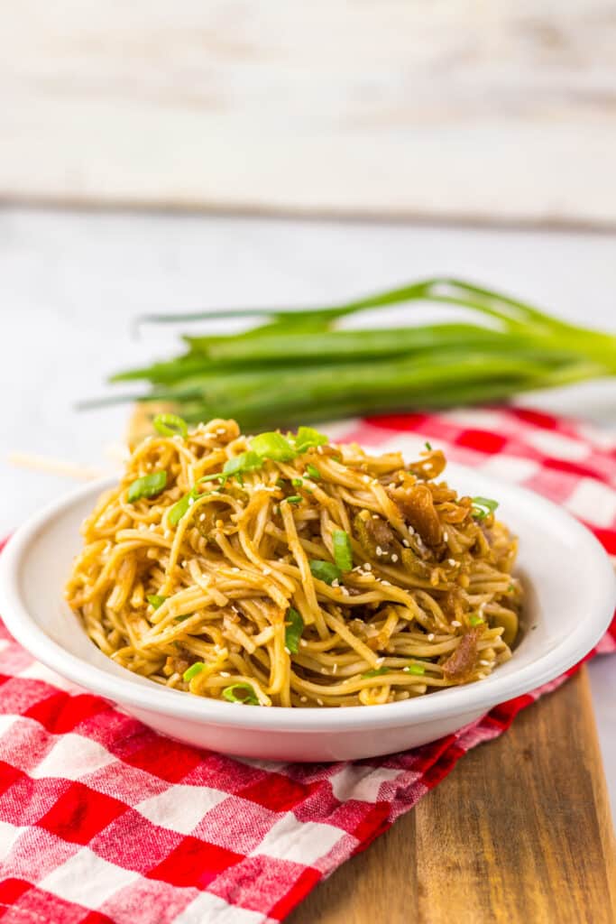 Copycat Panda Express chow mein noodles served in a bowl.