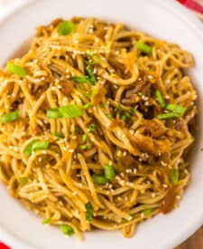 Close-up of homemade Panda Express style chow mein noodles.