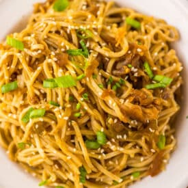 Close-up of homemade Panda Express style chow mein noodles.