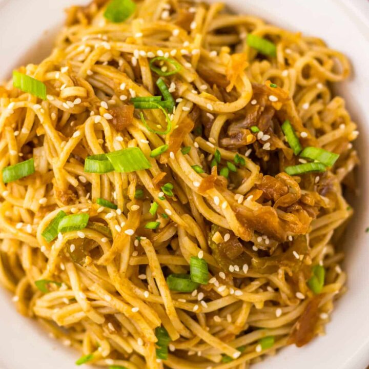 Close-up of homemade Panda Express style chow mein noodles.