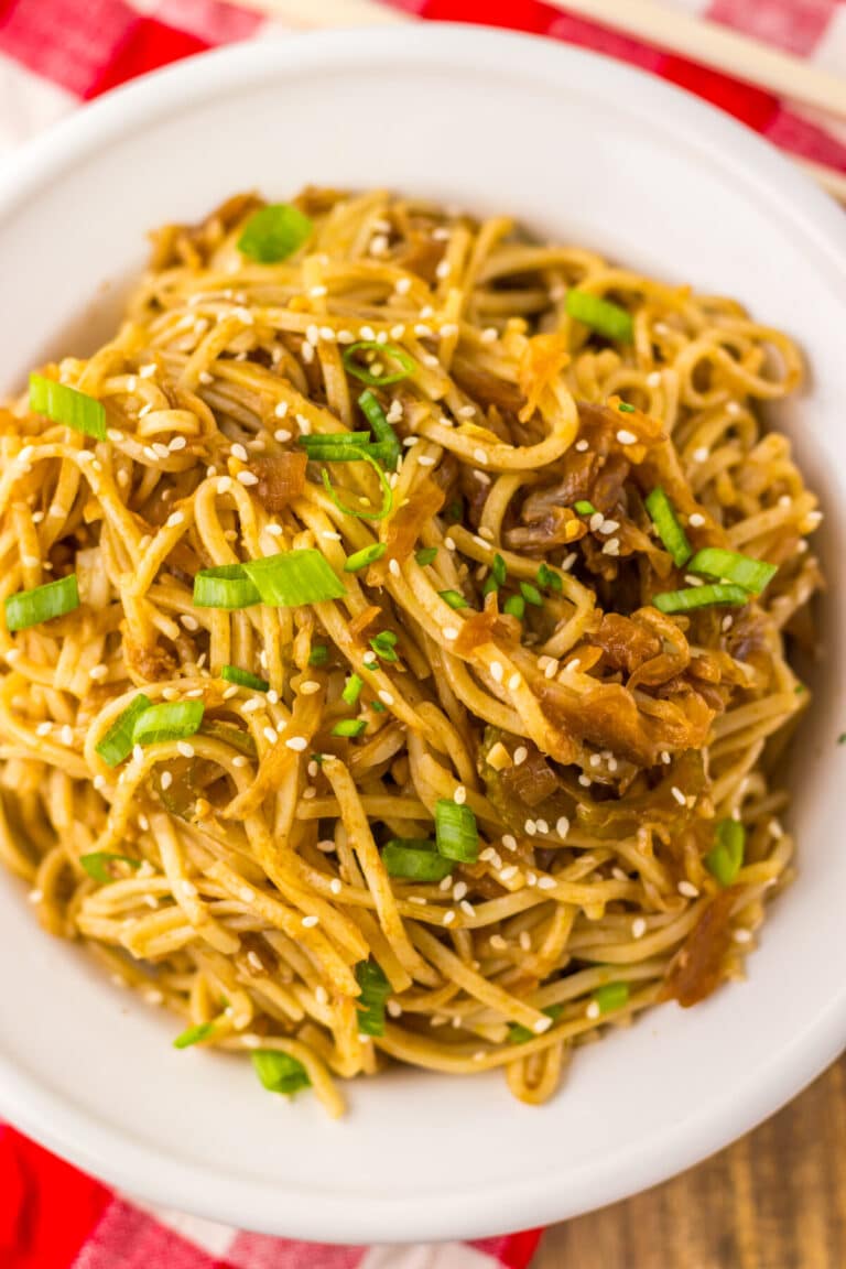 Close-up of homemade Panda Express style chow mein noodles.