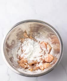Chicken coated in cornstarch for jalapeno chicken recipe.