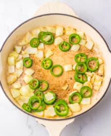 Jalapenos and sauce simmering for homemade jalapeno chicken.