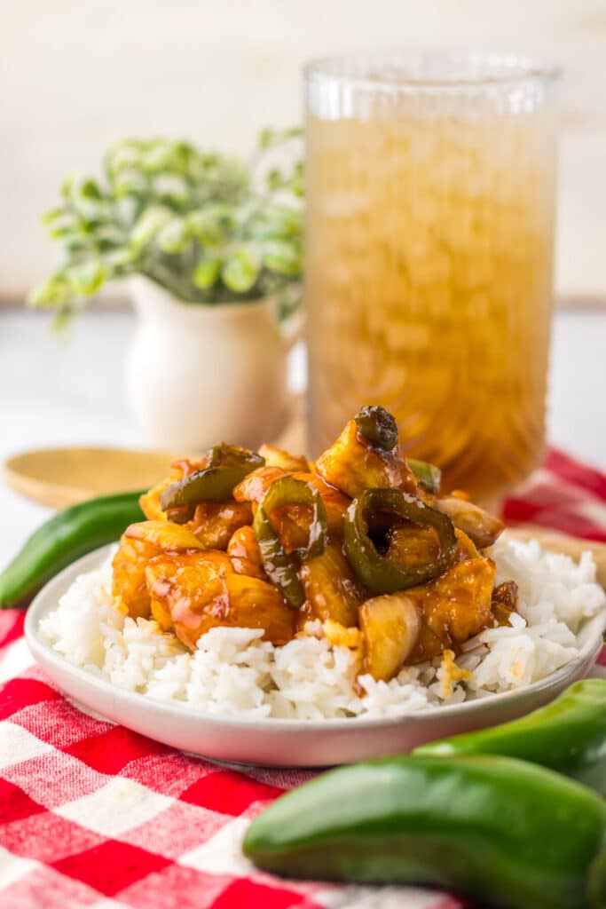 Close-up of spicy jalapeno chicken over rice.