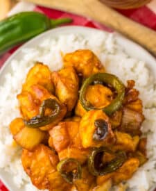 Plate of jalapeno chicken served over white rice.