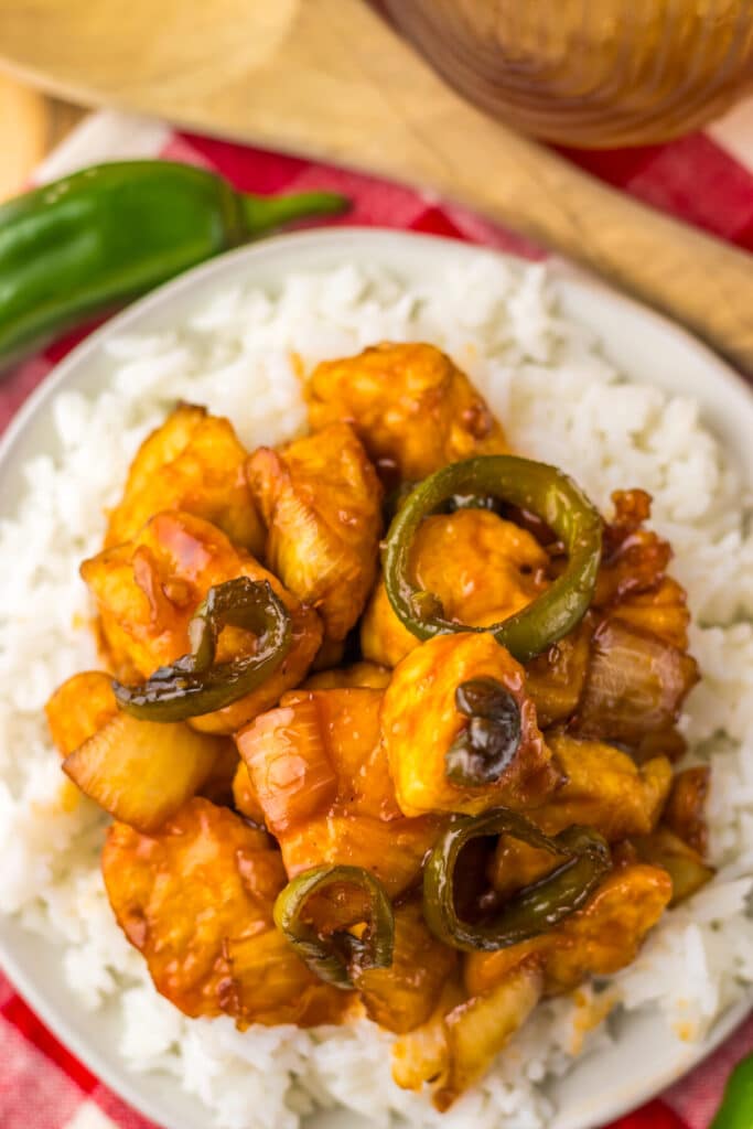 Plate of jalapeno chicken served over white rice.