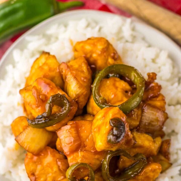 Plate of jalapeno chicken served over white rice.