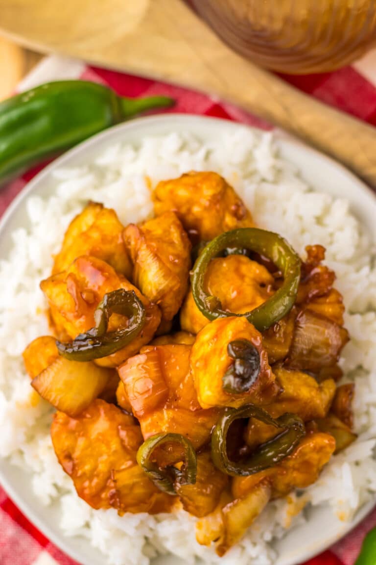 Plate of jalapeno chicken served over white rice.