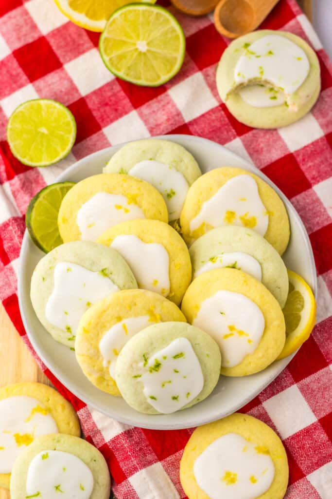 Lemon lime meltaway cookies arranged on a serving plate.