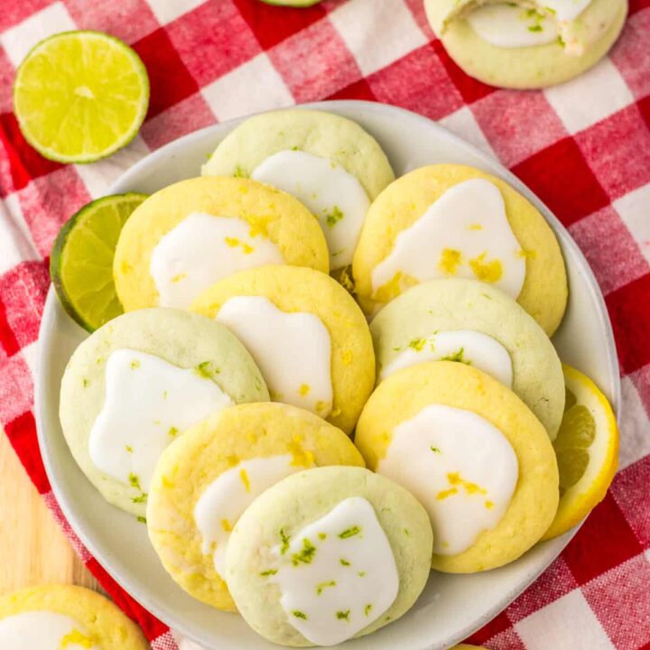 Lemon lime meltaway cookies arranged on a serving plate.