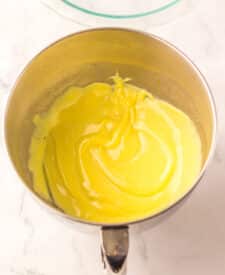 Lemon curd mixture in a bowl for lemon meringue pie dip.