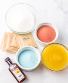 Ingredients for red white and blue gumdrops including gelatin, sugar, and flavoring.