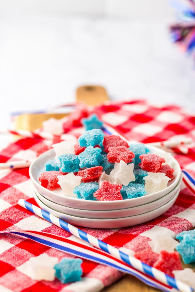 Bright colored gumdrops in red, white, and blue for a festive treat.