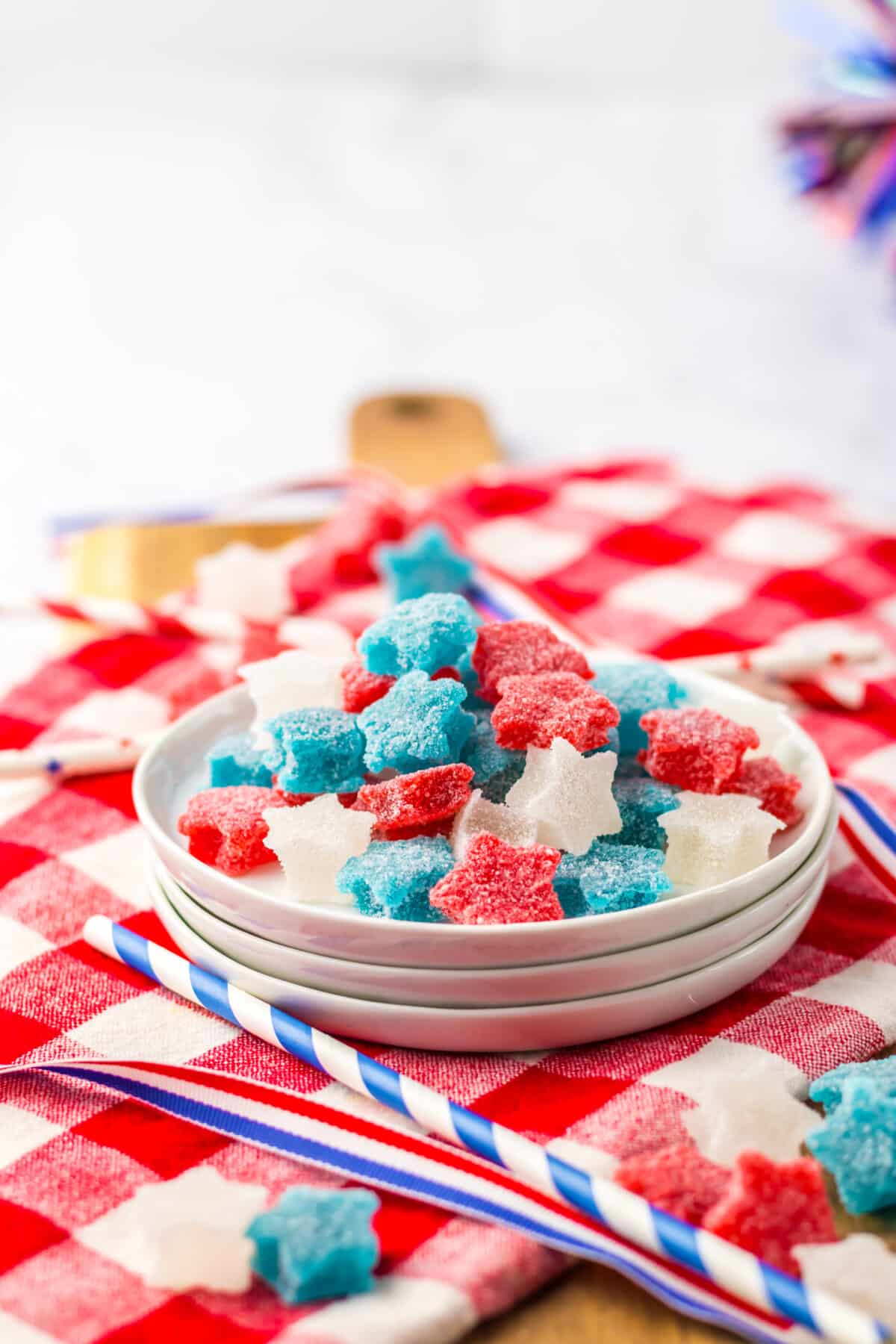 Bright colored gumdrops in red, white, and blue for a festive treat.