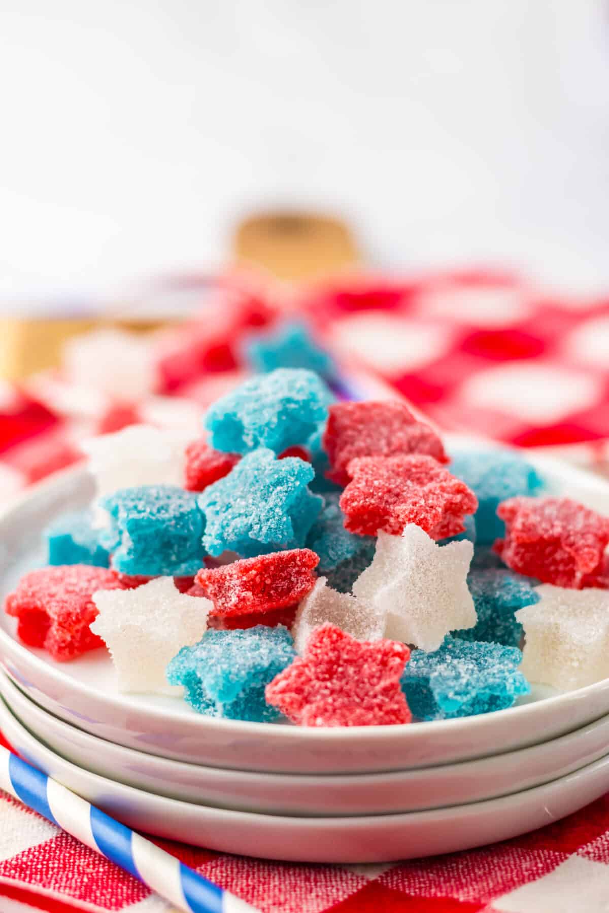 Finished red white and blue gumdrops ready to serve.