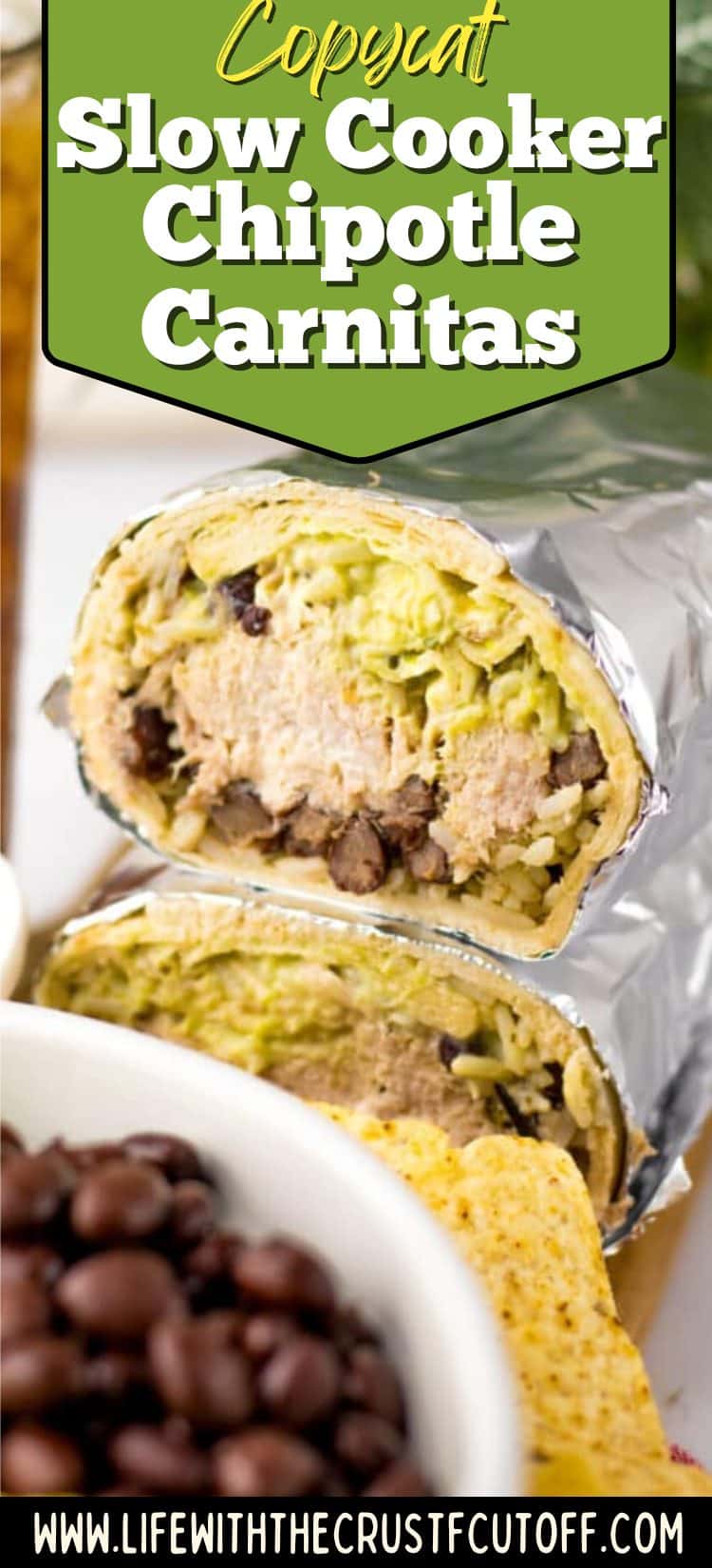 slow cooker copycat chipotle carnitas burrito with rice black beans and guacamole