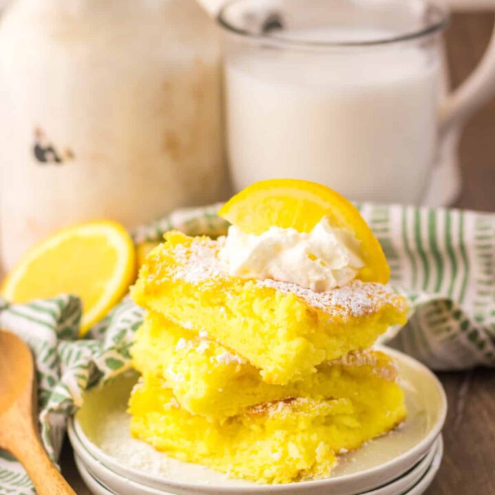 Stack of two ingredient lemon bars on a plate.
