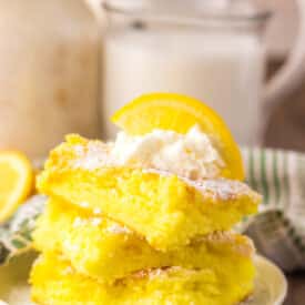 Stack of two ingredient lemon bars on a plate.