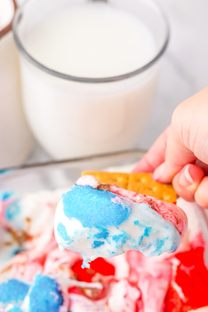 Close-up of baked patriotic s'mores dip with gooey marshmallows and melted chocolate.