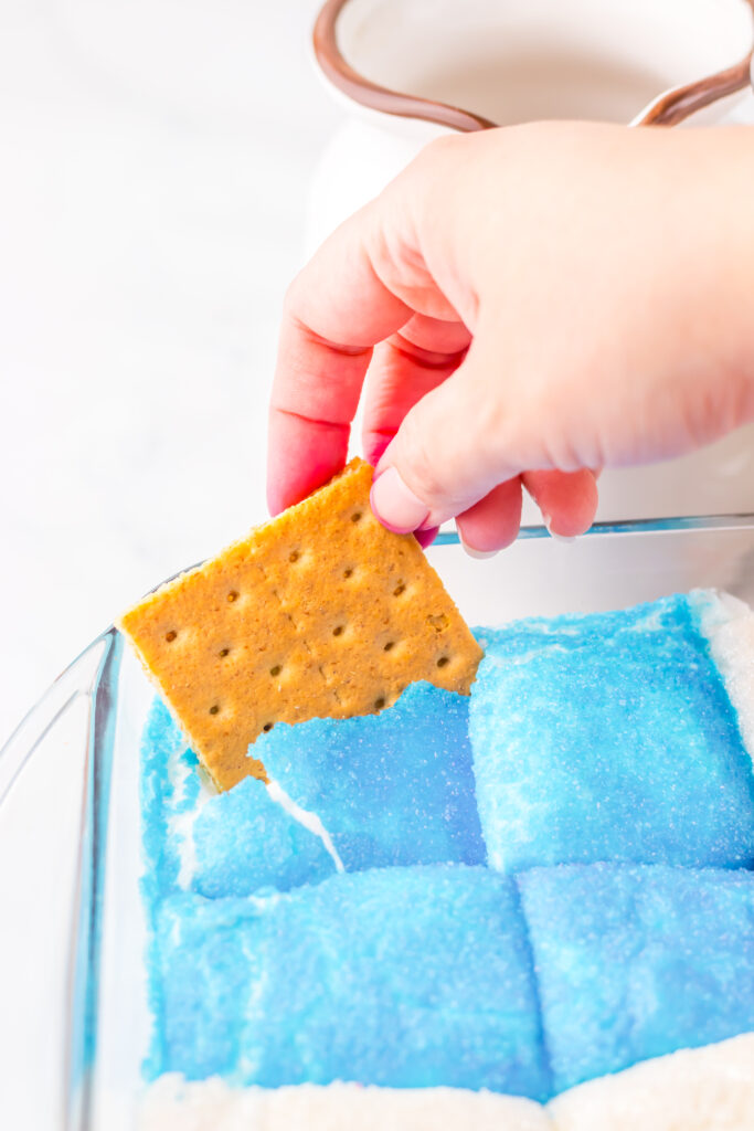 Close-up of baked patriotic s'mores dip with gooey marshmallows and melted chocolate.