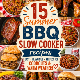 Colorful Pinterest-style collage featuring summer slow cooker BBQ recipes including Dr Pepper baked beans, shredded beef sliders, glazed BBQ drumsticks, cherry cola ribs, Hawaiian lil smokies, and root beer BBQ chicken sliders. Large text reads “15 Summer BBQ Slow Cooker Recipes” with red, white, and blue accents and cookout-themed graphics.