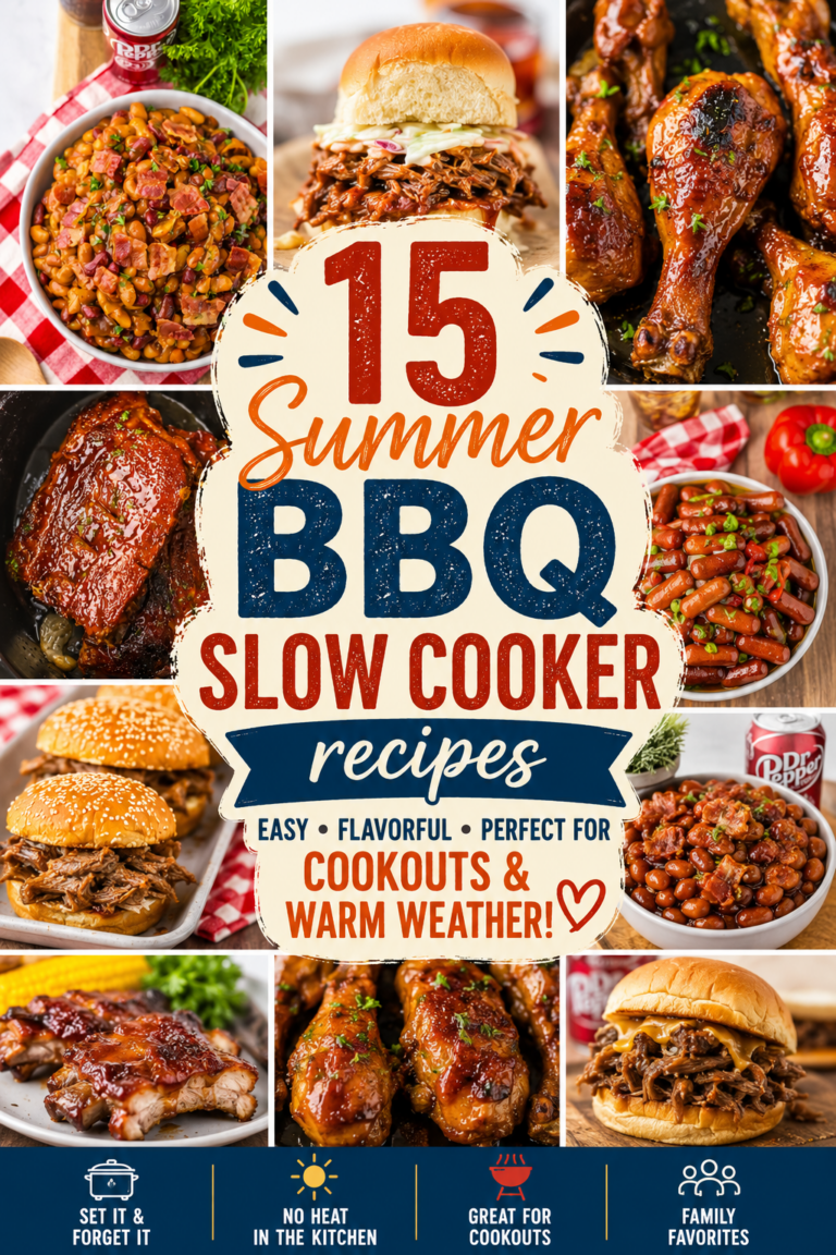 Colorful Pinterest-style collage featuring summer slow cooker BBQ recipes including Dr Pepper baked beans, shredded beef sliders, glazed BBQ drumsticks, cherry cola ribs, Hawaiian lil smokies, and root beer BBQ chicken sliders. Large text reads “15 Summer BBQ Slow Cooker Recipes” with red, white, and blue accents and cookout-themed graphics.