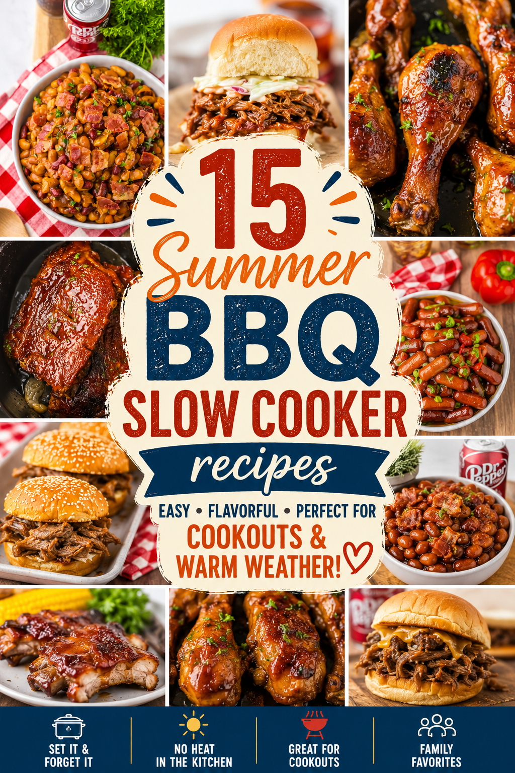 Colorful Pinterest-style collage featuring summer slow cooker BBQ recipes including Dr Pepper baked beans, shredded beef sliders, glazed BBQ drumsticks, cherry cola ribs, Hawaiian lil smokies, and root beer BBQ chicken sliders. Large text reads “15 Summer BBQ Slow Cooker Recipes” with red, white, and blue accents and cookout-themed graphics.