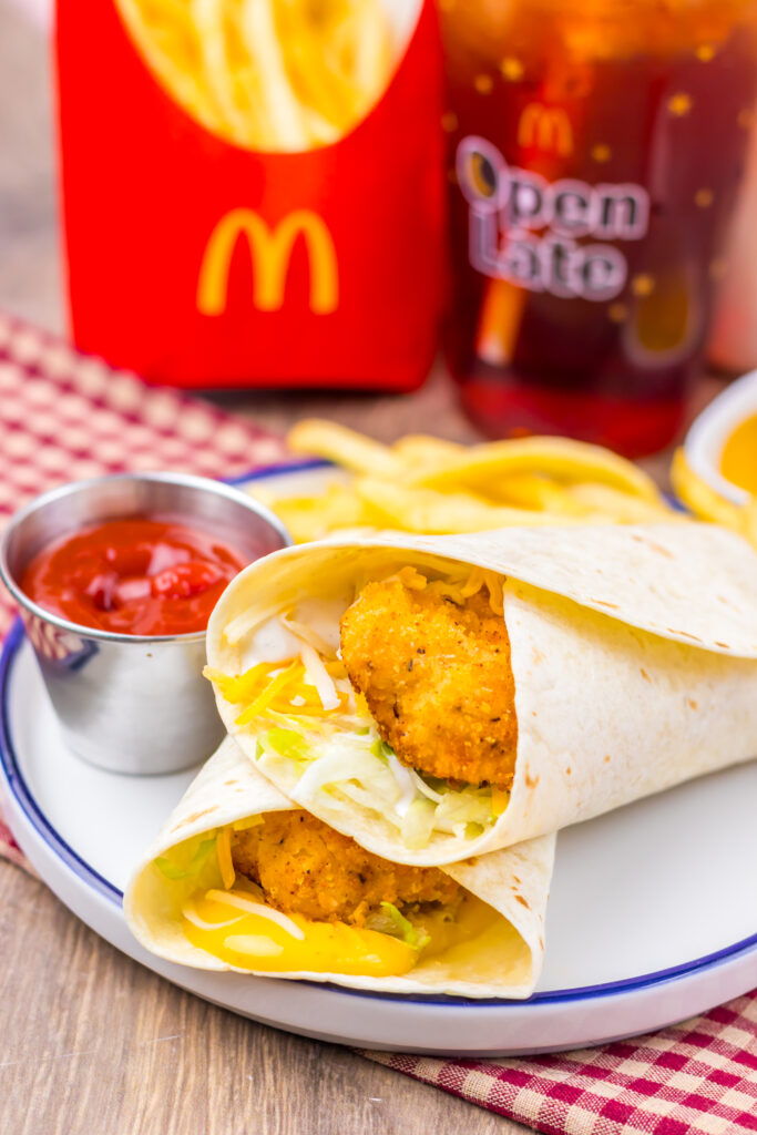 Homemade crispy chicken snack wrap meal with fries and ketchup.