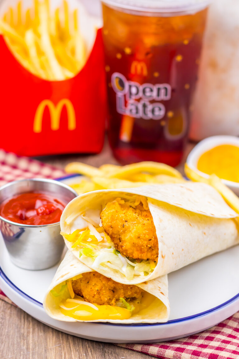 Homemade crispy chicken snack wrap meal with fries and ketchup.