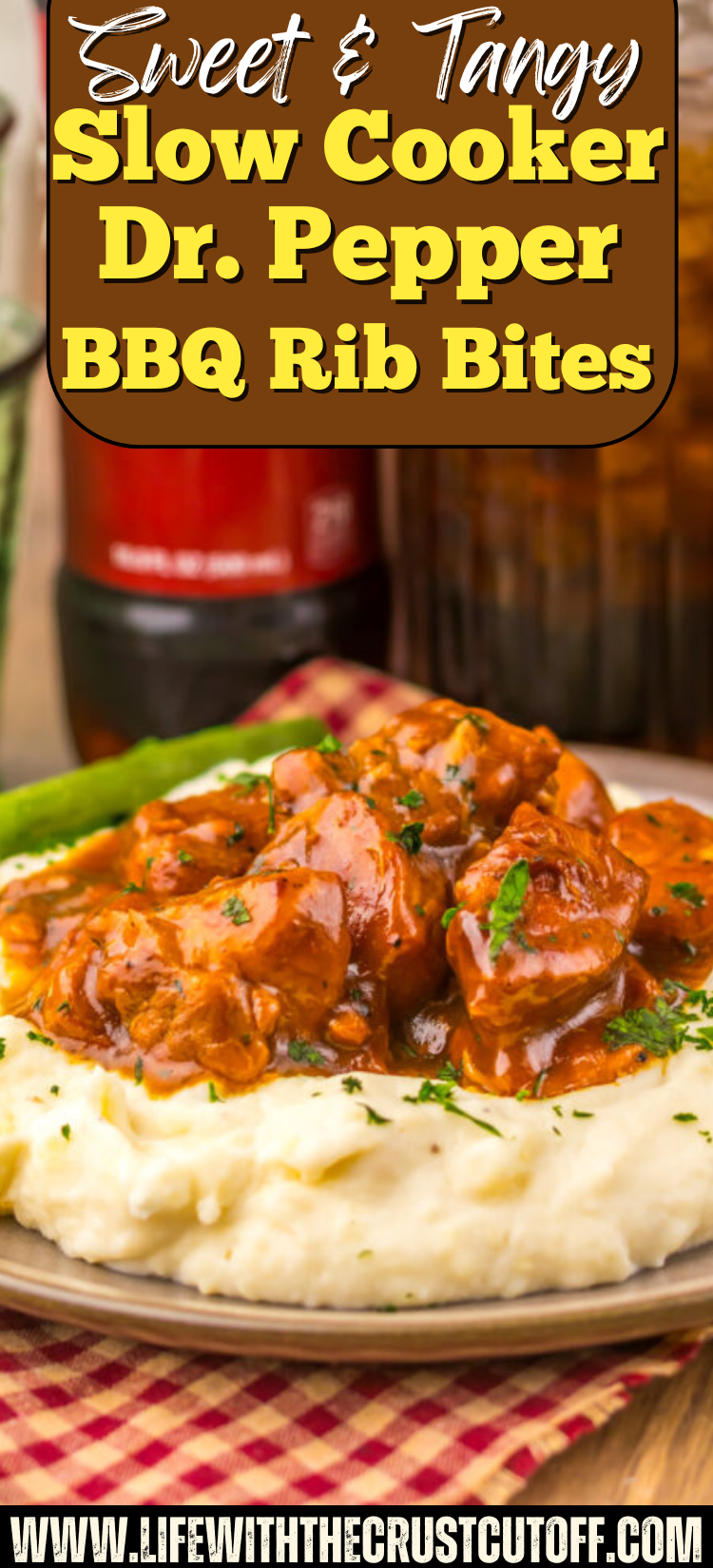 Slow Cooker Dr Pepper BBQ Rib Bites served over creamy mashed potatoes with a rich barbecue sauce.