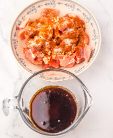 Ingredients for Slow Cooker Dr Pepper BBQ Rib Bites including boneless pork ribs, Dr Pepper, barbecue sauce, brown sugar, and seasonings.